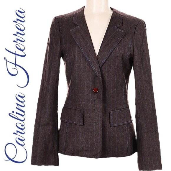 CAROLINA HERRERA Elegant Wool Cashmere Blend 1-Button Pinstriped Blazer, Size 12 - Picture 1 of 9